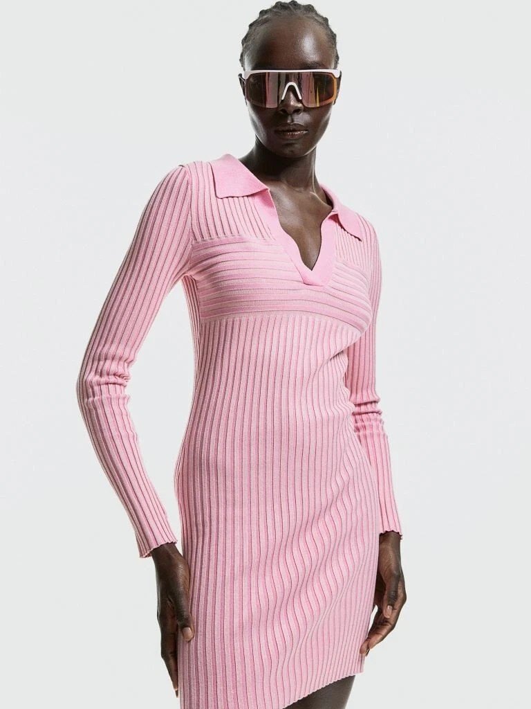 H&M Rib-Knit Mini Dress With Collar Pink Bodycon Size Xl Nwt